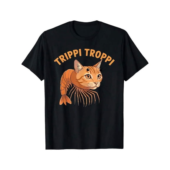 【New Arrival】Trippi Troppi Cat Shrimp Hybrid Retro Cartoon Graphic T-Shirt, Funny Animal Meme Black Casual Short Sleeve Tee