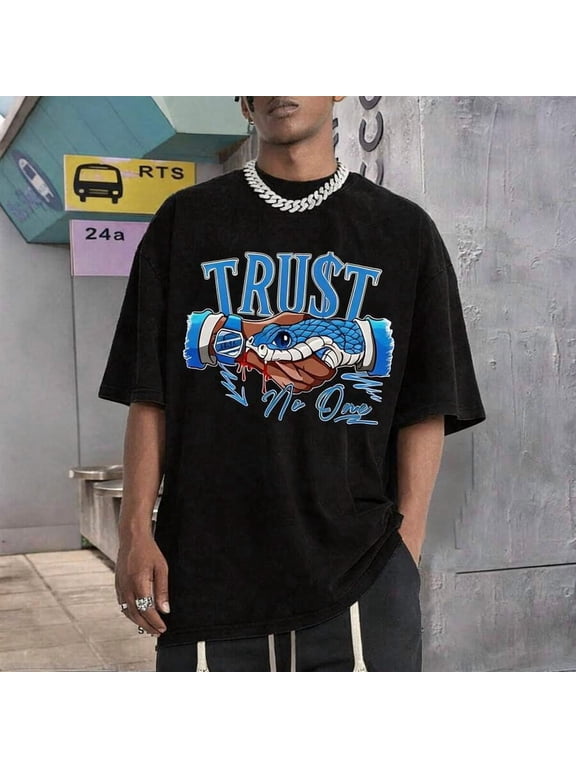 【New Arrival】Trust Themed Snake Handshake Streetwear Graphic T-Shirt, Unisex Cotton Oversized Crew Neck Urban Hip Hop Tee For Youth Daily Wear Gift