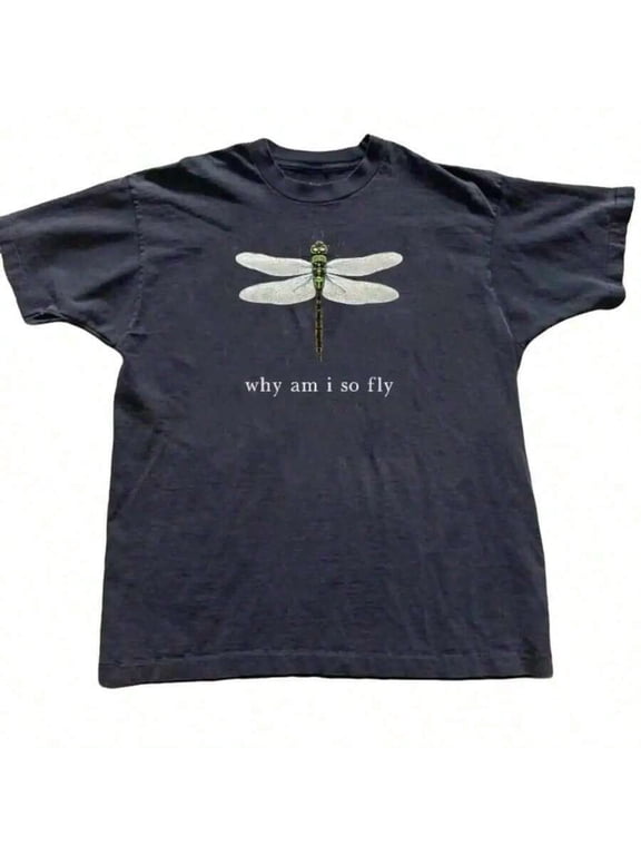 【New Arrival】Unisex Dragonfly Graphic T-Shirt, "Why Am I So Fly" Slogan Crew Neck White Vintage Casual Short Sleeve Top
