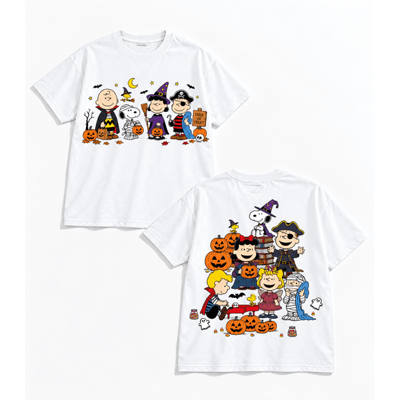 【New Arrival】 Unisex Halloween Cartoon Graphic T-Shirt, Front and Back Print, Relaxed Fit White Short Sleeve Tee