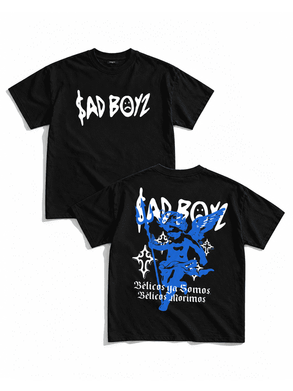 【New Arrival】 Unisex Sad Boyz Angel Graphic T-Shirt, Front and Back Print, Relaxed Fit Black Short Sleeve Tee