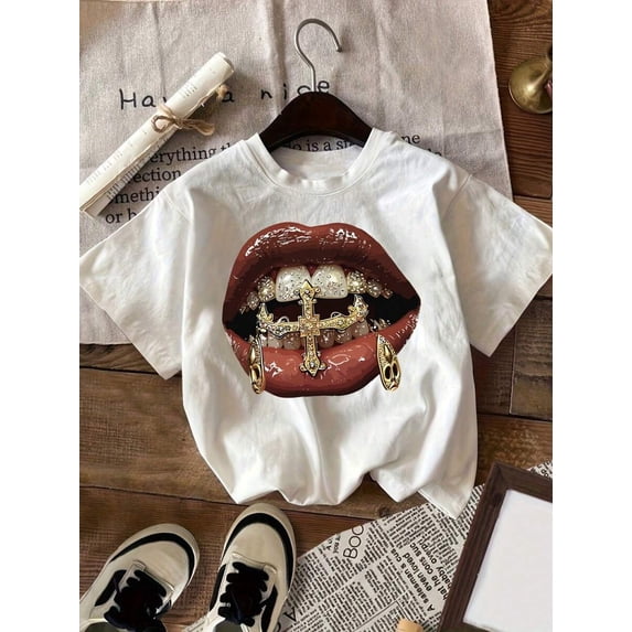 【New Arrival】Unisex Trendy Streetwear T-Shirt, Luxury Lip Print with Rhinestone Grill & Cross Graphic, Casual Short Sleeve