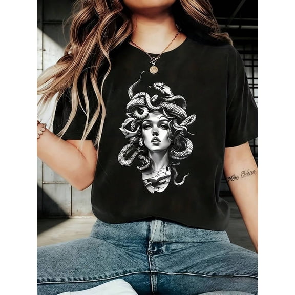 Women's Black Medusa Snake Hair Art Graphic T-Shirt, Crew Neck Casual Top