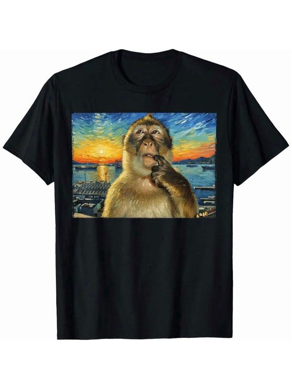 【New Arrival】Vintage Oil Painting Monkey Sunset Harbor Starry Sky Graphic T-Shirt, Art Aesthetic Funny Animal Black Casual Short Sleeve Tee