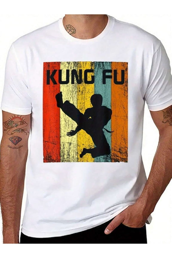 【New Arrival】Vintage Retro Striped Kung Fu Martial Artist Silhouette Graphic T-Shirt, Men Classic Kung Fu Fan Casual Short Sleeve Tee