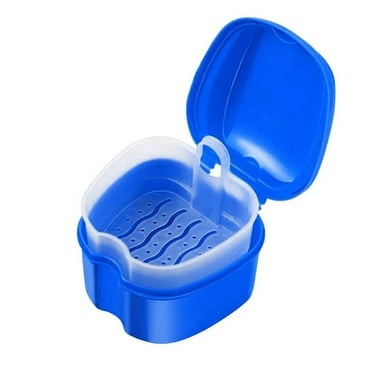 New Arrival! Vokbdy Plastic Denture Box Blue Under $5, Denture Bath Case Cup Box Holder Storage Soak Container with Strainer Basket for Travel Cleaning