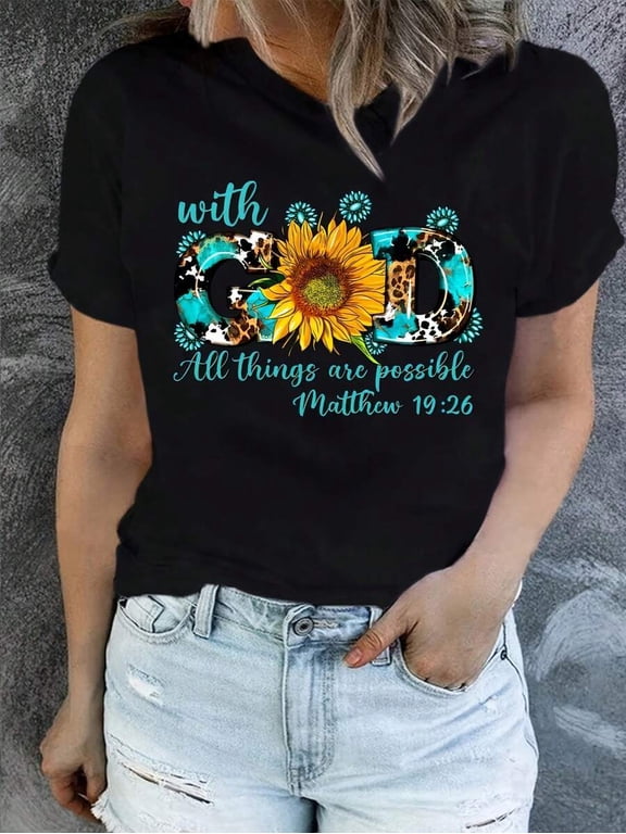 【New Arrival】With God All Things Are Possible Sunflower Leopard Matthew 19:26 Christian Graphic T-Shirt, Women Faith Casual Short Sleeve Tee