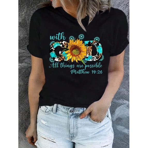 【New Arrival】With God All Things Are Possible Sunflower Leopard Matthew 19:26 Christian Graphic T-Shirt, Women Faith Casual Short Sleeve Tee