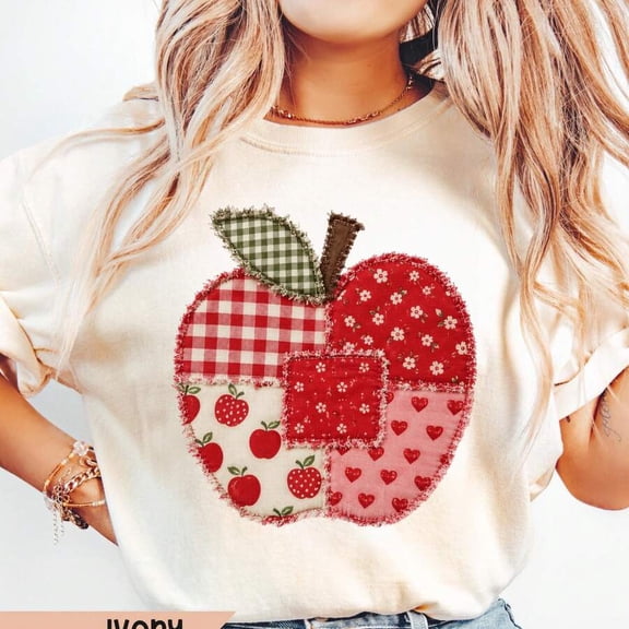 【New Arrival】Women Apple Graphic T Shirt Patchwork Fruit Print Casual Short Sleeve Crew Neck White Tee, Cute Fall Style Everyday Top