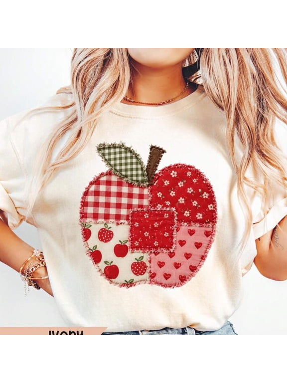 【New Arrival】Women Apple Graphic T Shirt Patchwork Fruit Print Casual Short Sleeve Crew Neck White Tee, Cute Fall Style Everyday Top