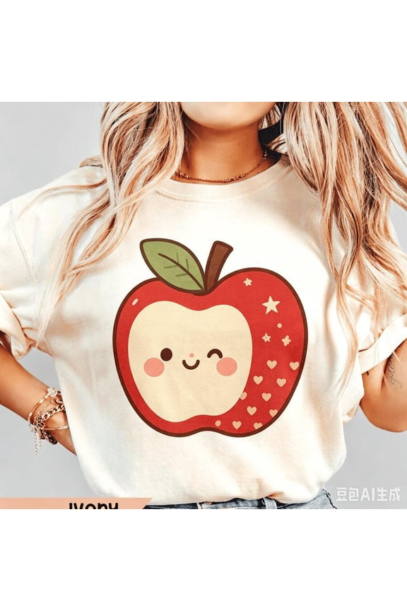 【New Arrival】Women Apple Graphic T Shirt Patchwork Fruit Print Casual Short Sleeve Crew Neck White Tee, Cute Fall Style Everyday Top