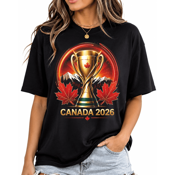 【New Arrival】Women Canada 2026 Trophy Graphic T Shirt Maple Leaf Print Short Sleeve Crew Neck Black Tee, Sports Fan Casual Top