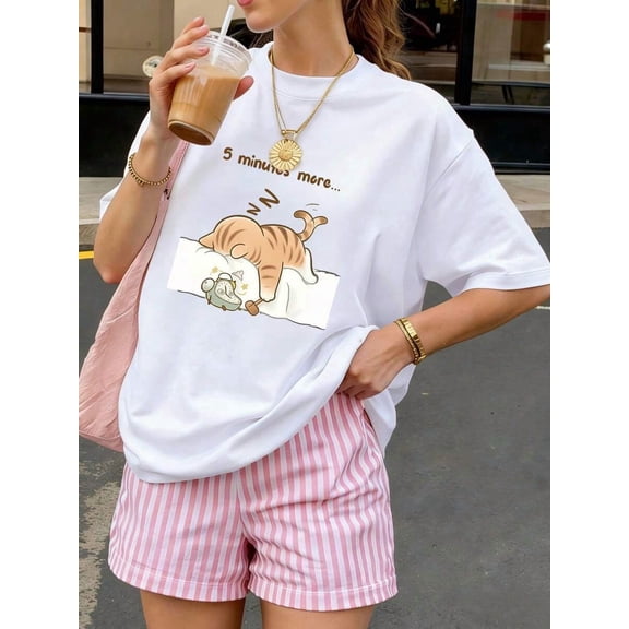 【New Arrival】Women Casual Graphic T-Shirt, 5 Minutes More Sleeping Orange Cat Cartoon Print Loose Crew Neck Cute Animal Short Sleeve Tee