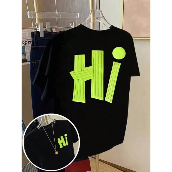 【New Arrival】Women Casual Graphic T-Shirt, Double Sided HI Contrast Neon Letter Print Loose Crew Neck Short Sleeve Dopamine Tee