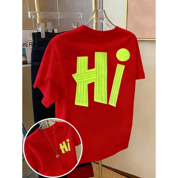 【New Arrival】Women Casual Graphic T-Shirt, Double Sided HI Contrast Neon Letter Print Loose Crew Neck Short Sleeve Dopamine Tee