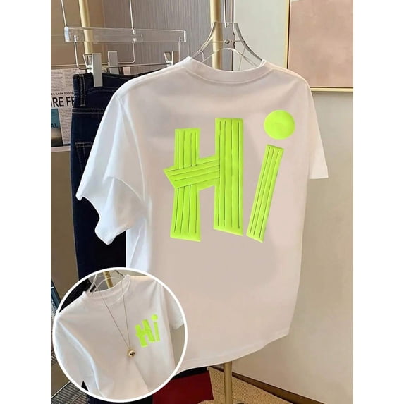 【New Arrival】Women Casual Graphic T-Shirt, Double Sided HI Contrast Neon Letter Print Loose Crew Neck Short Sleeve Dopamine Tee