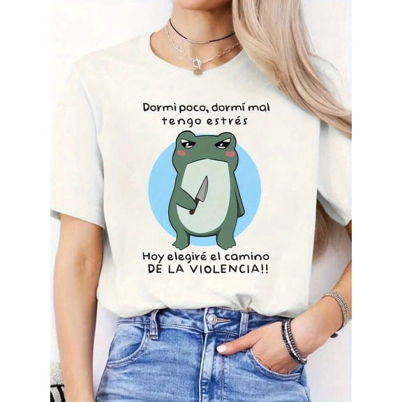 【New Arrival】Women Casual Graphic T-Shirt, Funny Grumpy Frog Spanish Slogan Tee Dormí Poco Tengo Estrés Loose Crew Neck Latin Meme Short Sleeve Top