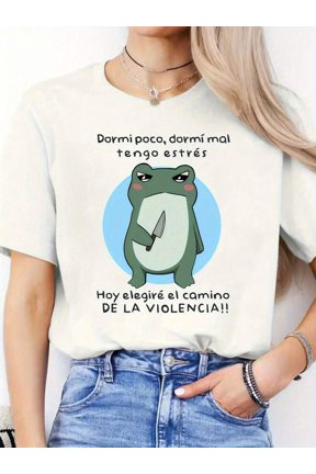 【New Arrival】Women Casual Graphic T-Shirt, Funny Grumpy Frog Spanish Slogan Tee Dormí Poco Tengo Estrés Loose Crew Neck Latin Meme Short Sleeve Top
