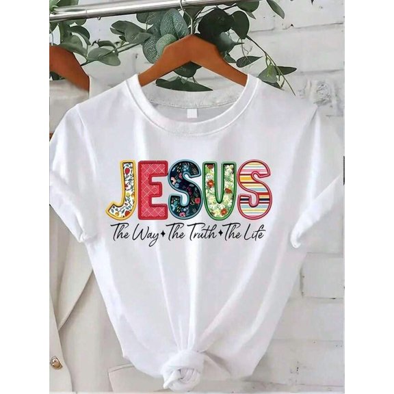 【New Arrival】Women Casual Graphic T-Shirt, Jesus The Way The Truth The Life Colorful Patchwork Letter Faith Loose Crew Neck Christian Inspirational Tee