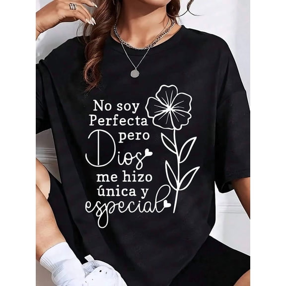 【New Arrival】Women Casual Graphic T-Shirt, No Soy Perfecta Spanish Christian Floral Quote Loose Crew Neck Short Sleeve Faith Inspirational Tee