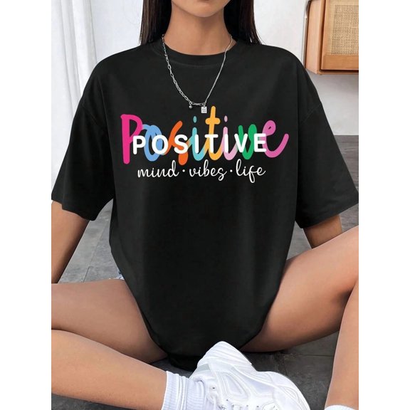 【New Arrival】Women Casual Graphic T-Shirt, Positive Mind Vibes Life Colorful Letter Print Loose Crew Neck Inspirational Positive Quote Short Sleeve Tee