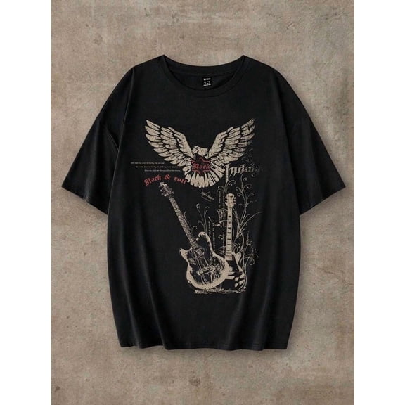 【New Arrival】Women Casual Graphic T-Shirt, Vintage Eagle Rock and Roll Guitar Distressed Print Loose Crew Neck Retro Rock Music Short Sleeve Tee