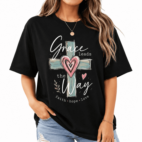 【New Arrival】Women Christian Cross Graphic T Shirt Grace Leads the Way Print Short Sleeve Crew Neck Black Tee, Faith Casual Top