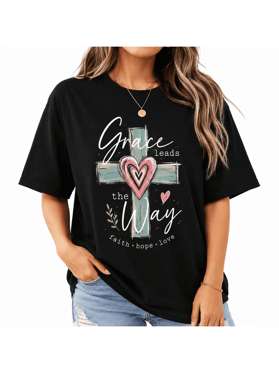 【New Arrival】Women Christian Cross Graphic T Shirt Grace Leads the Way Print Short Sleeve Crew Neck Black Tee, Faith Casual Top