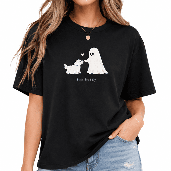 【New Arrival】Women Ghost Dog Graphic T Shirt Boo Buddy Halloween Print Short Sleeve Crew Neck Black Tee, Cute Spooky Fall Casual Top