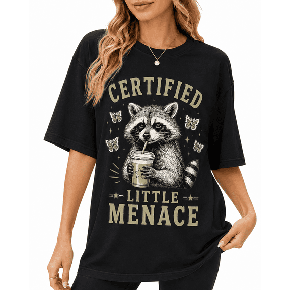 【New Arrival】Women Raccoon Graphic T Shirt Funny Little Menace Print Short Sleeve Crew Neck Black Tee, Animal Casual Everyday Top