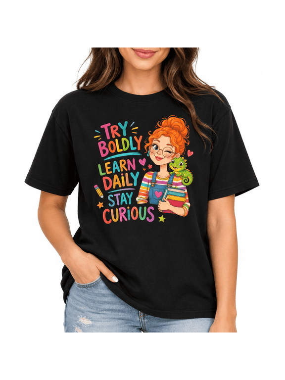 【New Arrival】Women Teacher Graphic T Shirt Try Boldly Learn Daily Print Short Sleeve Crew Neck Black Tee, Back to School Casual Top