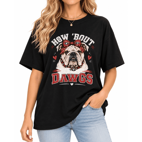 【New Arrival】 Women's Bulldog Graphic T-Shirt, Game Day Dog Bow Short Sleeve Casual Tee