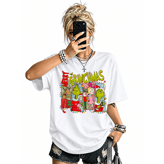 【New Arrival】 Women's Christmas Cartoon Graphic T-Shirt, Holiday Character Print, Relaxed Fit White Short Sleeve Tee