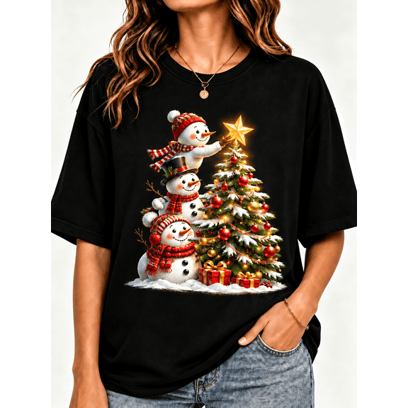 【New Arrival】 Women's Christmas Graphic T-Shirt, Snowman And Christmas Tree Holiday Print Tee, Festive Xmas Short Sleeve Top, Relaxed Fit Front And Back Print Shirt