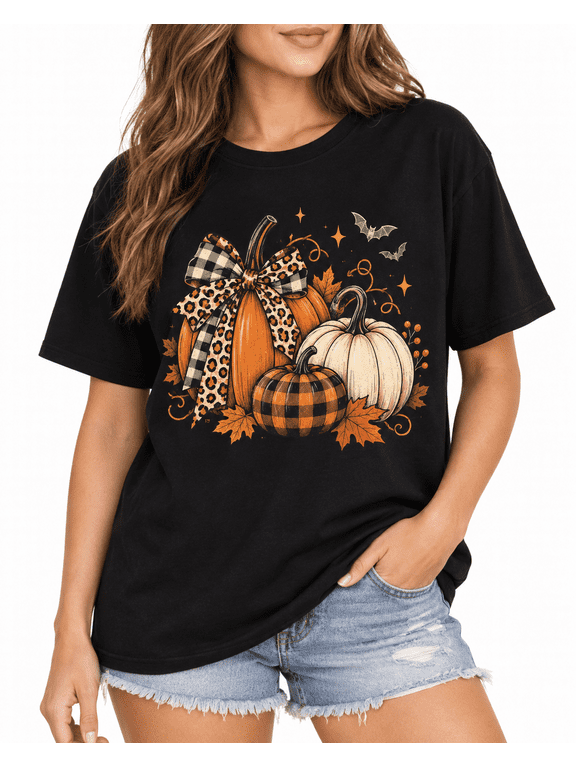 【New Arrival】Women’s Fall Pumpkin Graphic T-Shirt, Plaid Leopard Bow Bat Maple Leaf Short Sleeve Crew Neck Halloween Autumn Tee