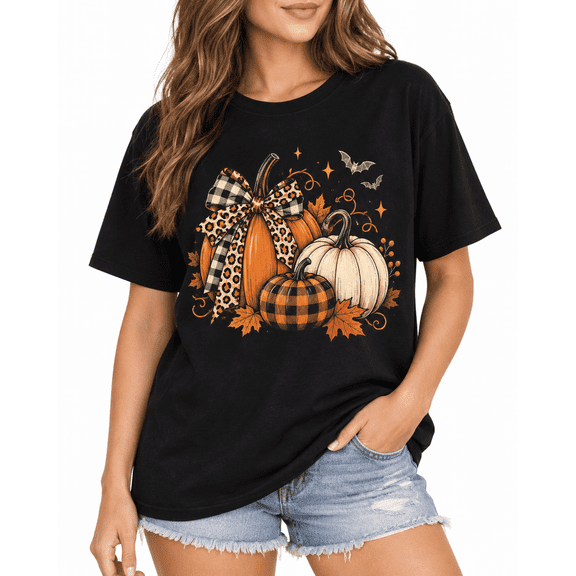 【New Arrival】Women’s Fall Pumpkin Graphic T-Shirt, Plaid Leopard Bow Bat Maple Leaf Short Sleeve Crew Neck Halloween Autumn Tee