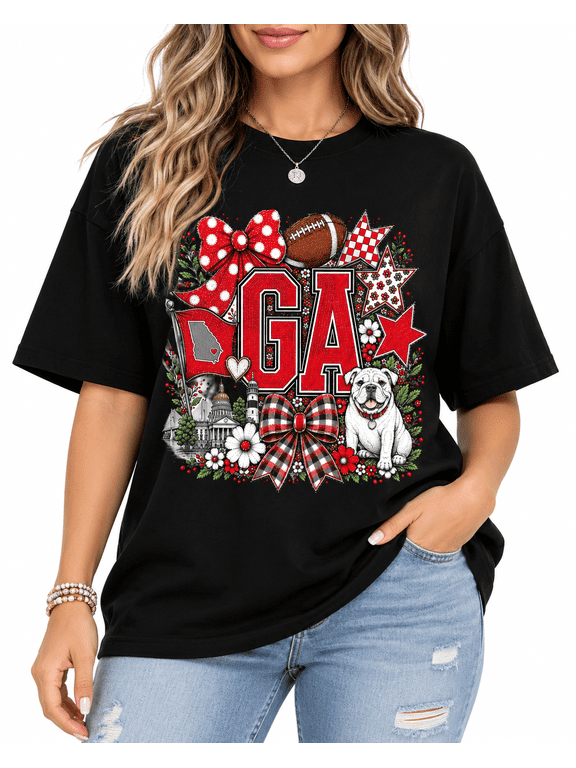 【New Arrival】Women's Georgia Graphic T-Shirt, GA State Pride Football Floral Short Sleeve Casual Tee