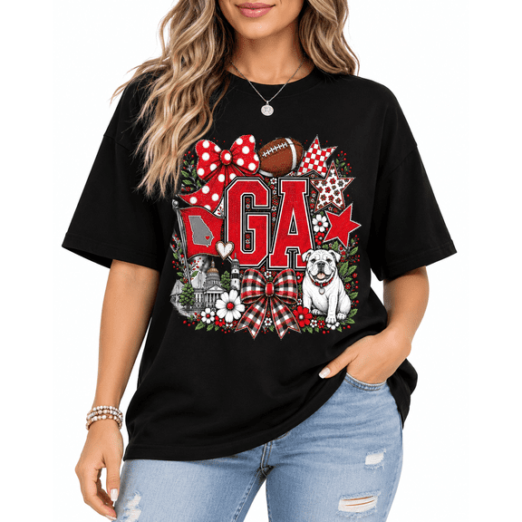 【New Arrival】Women's Georgia Graphic T-Shirt, GA State Pride Football Floral Short Sleeve Casual Tee