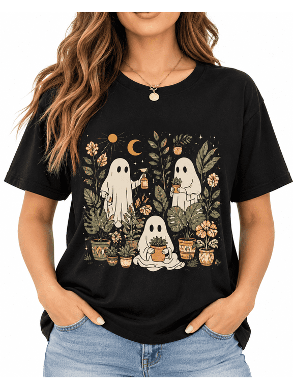 【New Arrival】 Women's Ghost Plant Graphic T-Shirt, Boho Botanical Halloween Short Sleeve Casual Tee