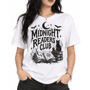 New Arrival Women s Gothic Midnight Readers Club T-Shirt, Black Cat Book Candle Crescent Moon Bat Short Sleeve Dark Academia Tee