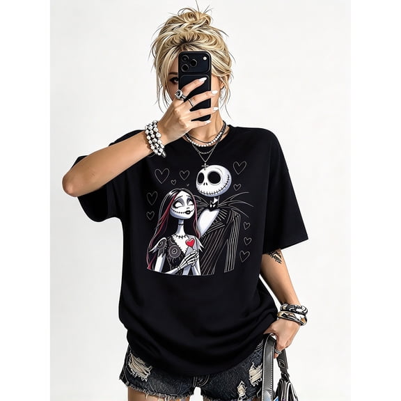 【New Arrival】 Women's Gothic Skeleton Couple Graphic T-Shirt, Front and Back Print, Relaxed Fit Black Short Sleeve Tee