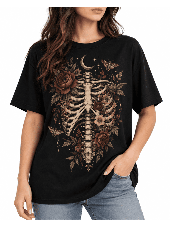 【New Arrival】Women’s Gothic Skeleton Ribcage Graphic T-Shirt, Floral Crescent Moon Moth Short Sleeve Halloween Tee