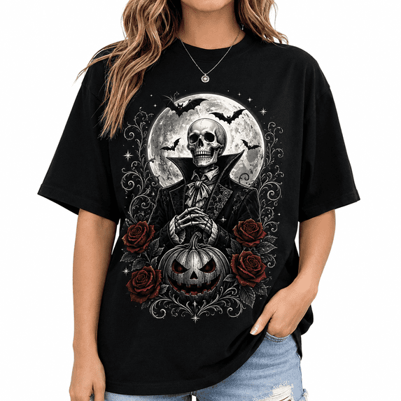 【New Arrival】Women's Gothic Skull Pumpkin Graphic T Shirt Black Short Sleeve Crew Neck Halloween Moon Rose Casual Tee