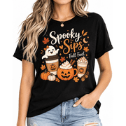 New Arrival Women s Halloween Coffee Graphic T-Shirt, Spooky Sips Ghost Pumpkin Mug Maple Leaf Crescent Moon Short Sleeve Fall Tee