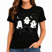 New Arrival Womens Halloween Ghost Cat Graphic T Shirt Black Short Sleeve Crew Neck Casual Cute Spooky Tee
