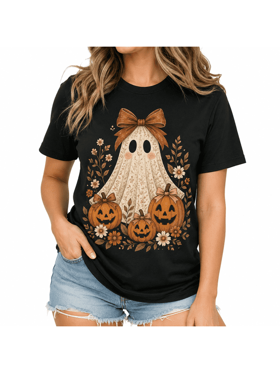 【New Arrival】Women's Halloween Ghost Pumpkin Graphic T Shirt Black Short Sleeve Crew Neck Cute Fall Floral Tee