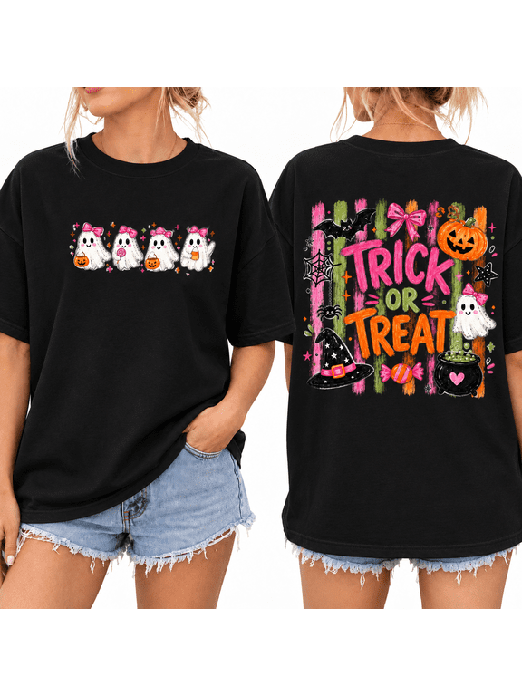 【New Arrival】Women's Halloween Graphic T-Shirt, Oversized Ghost Pumpkin Trick or Treat Print, Casual Short Sleeve Tee
