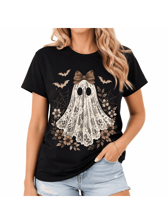 【New Arrival】Women's Halloween Lace Ghost Graphic T Shirt Black Short Sleeve Crew Neck Cute Spooky Floral Bow Casual Tee