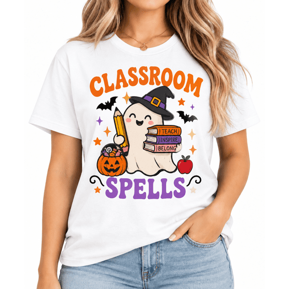 【New Arrival】Women’s Halloween Teacher Graphic T-Shirt, Classroom Spells Ghost Witch Hat Pencil Books Pumpkin Short Sleeve Tee