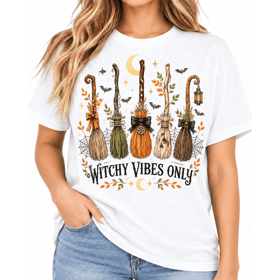【New Arrival】Women’s Halloween Witch Broom Graphic T-Shirt, Witchy Vibes Only Crescent Moon Bat Web Short Sleeve Crew Neck Fall Tee
